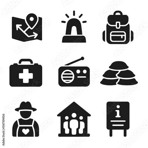 Rural Emergency Icons. Solid, filled icons set of emergency preparedness in rural settings: evacuation map,