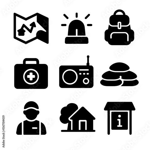 Rural Emergency Icons. Solid, filled icons set of emergency preparedness in rural settings: evacuation map,