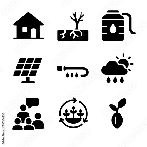 Rural Climate Adaptation Icons. Solid, filled icons set of rural communities and their adaptation to changing