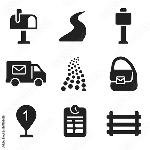 Rural Mail Icons. Solid, filled icons set of rural mail pickup: country mailbox, dirt path, post pole, mail