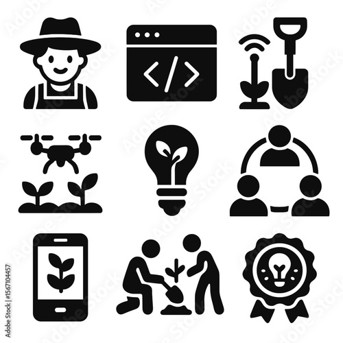 Rural Youth Innovation Icons. Solid, filled icons set of rural youth and climate innovation: young farmer,