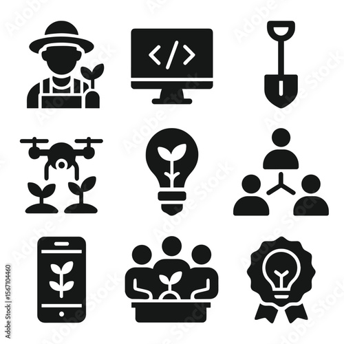 Rural Youth Innovation Icons. Solid, filled icons set of rural youth and climate innovation: young farmer,