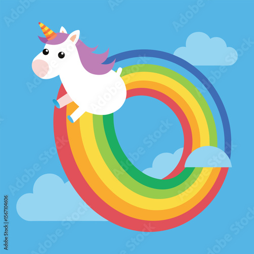 Cute unicorn sliding down vibrant rainbow, flat design vector illustration, whimsical fantasy character, colorful magical scene for kids