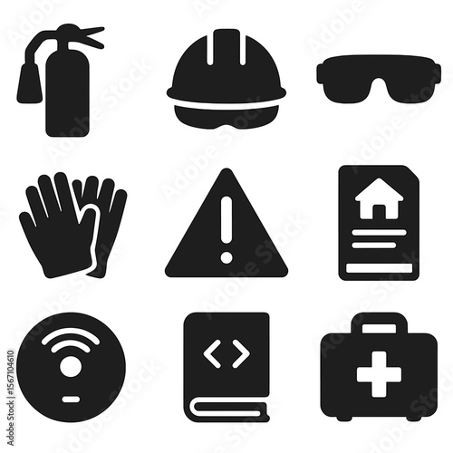 Safety Equipment Icons Grid. Solid, filled icons set of safety and compliance in renovation: fire extinguisher