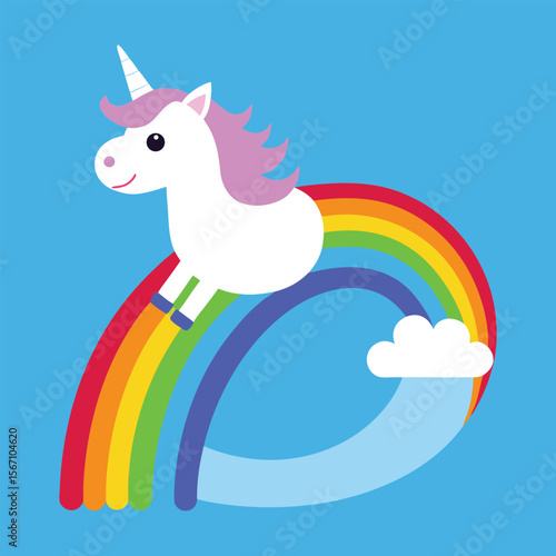 Cute unicorn sliding down vibrant rainbow, flat design vector illustration, whimsical fantasy character, colorful magical scene for kids