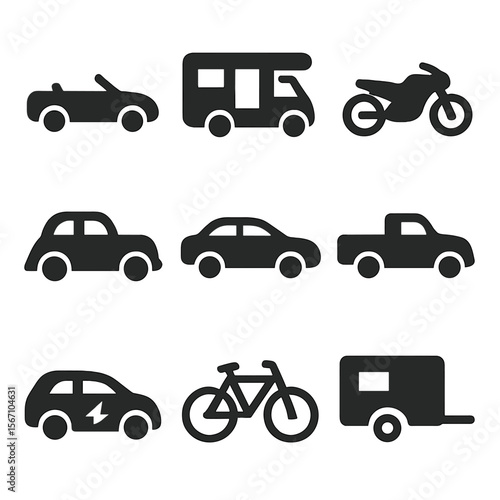 Scenic Drive Icons. Solid, filled icons set of scenic drive vehicle types: convertible, RV camper, motorcycle,