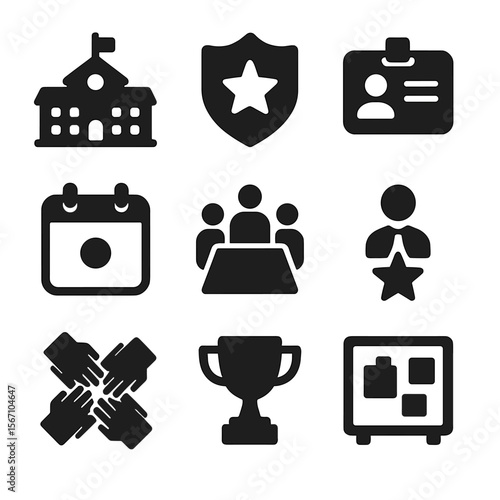 School Club Icons. Solid, filled icons set of school and club involvement: school building, club badge,