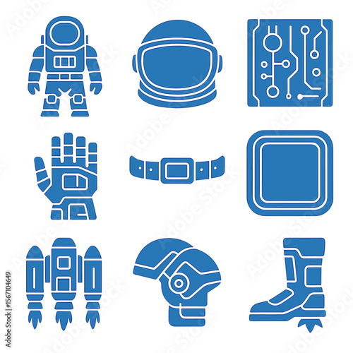 Sci-Fi Costume Blueprints. Solid, filled icons set of sci-fi costume blueprints: space suit, visor helmet,
