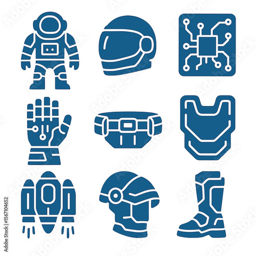 Sci-Fi Costume Blueprints. Solid, filled icons set of sci-fi costume blueprints: space suit, visor helmet,