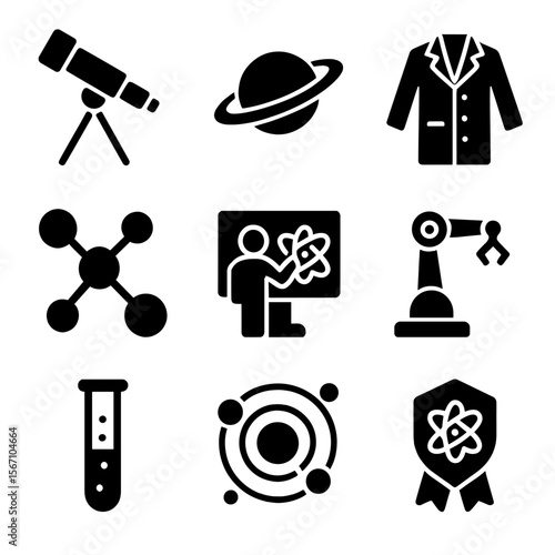 Science Icons Collection. Solid, filled icons set of science center visits: telescope, planet model, lab coat,