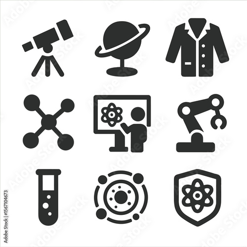 Science Icons Collection. Solid, filled icons set of science center visits: telescope, planet model, lab coat,