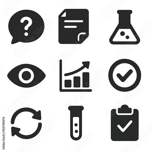Scientific Method Icons. Solid, filled icons set of scientific method teaching: question bubble, hypothesis