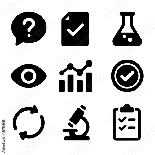 Scientific Method Icons. Solid, filled icons set of scientific method teaching: question bubble, hypothesis