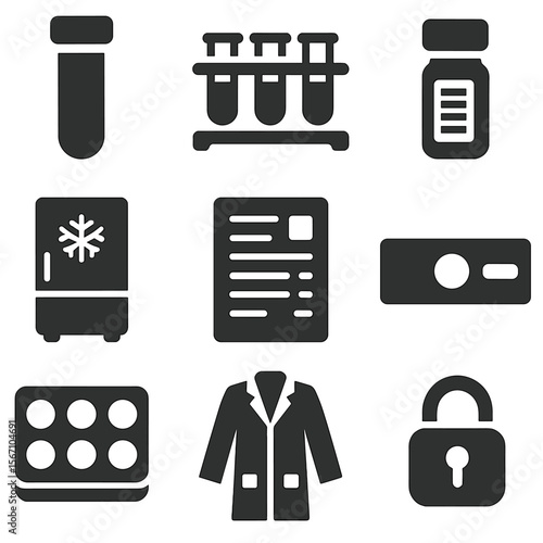 Scientific Specimen Icons. Solid, filled icons set of scientific specimen archiving: test tube, storage rack,