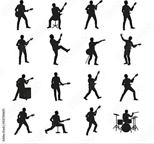 Silhouette musicians rock band guitarist drummer various poses