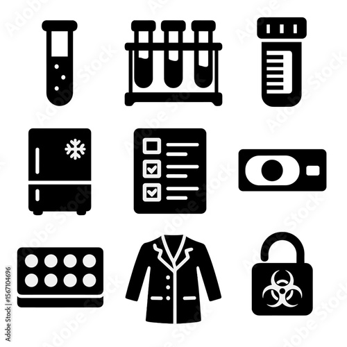 Scientific Specimen Icons. Solid, filled icons set of scientific specimen archiving: test tube, storage rack,