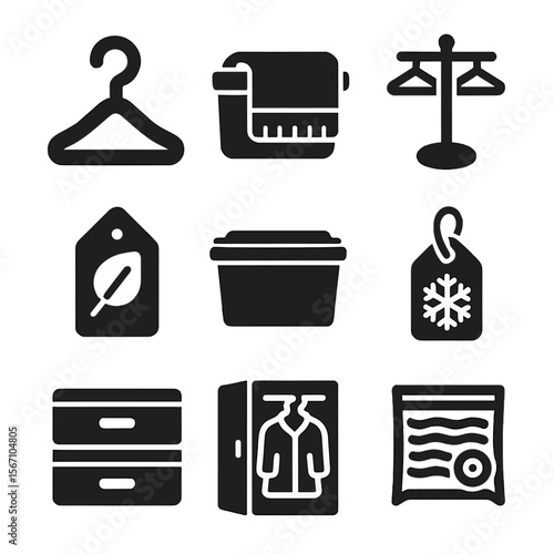 Seasonal Closet Icons. Solid, filled icons set of seasonal shared closet storage: coat hook, scarf bin,
