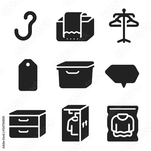 Seasonal Closet Icons. Solid, filled icons set of seasonal shared closet storage: coat hook, scarf bin,