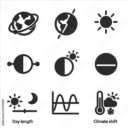 Seasonal Change Icons. Solid, filled icons set of what makes the seasons change: Earth orbit, tilted axis, sun