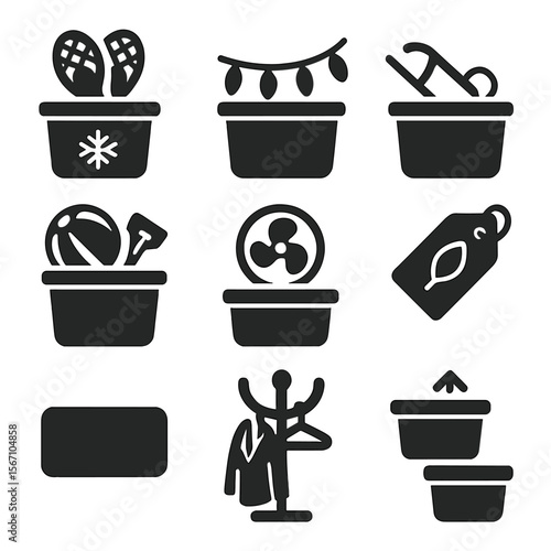 Seasonal Garage Storage Icons. Solid, filled icons set of seasonal storage in garages: snow gear bin, holiday