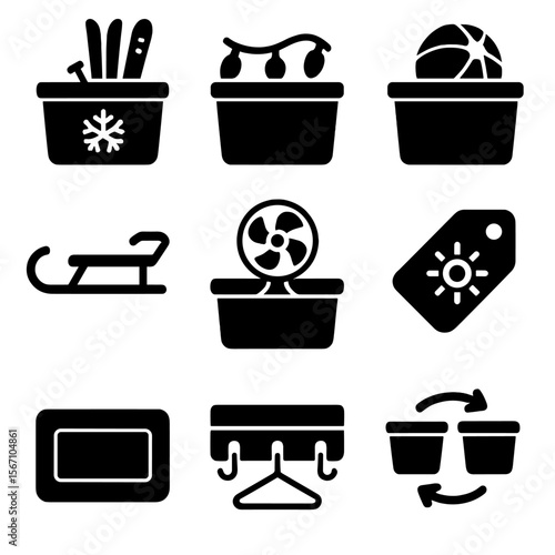 Seasonal Garage Storage Icons. Solid, filled icons set of seasonal storage in garages: snow gear bin, holiday