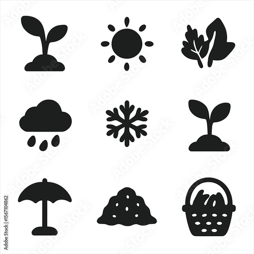 Seasonal Gardening Icons. Solid, filled icons set of seasonal gardening: spring sprout, summer sun, autumn