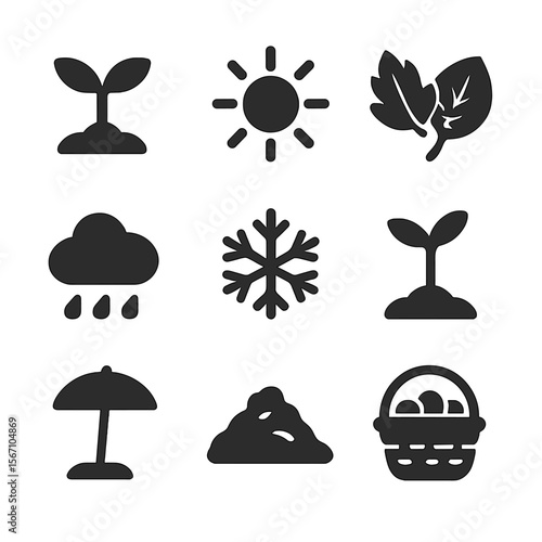 Seasonal Gardening Icons. Solid, filled icons set of seasonal gardening: spring sprout, summer sun, autumn