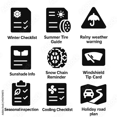 Seasonal Glovebox Icons. Solid, filled icons set of seasonal glovebox content: winter checklist, summer tire