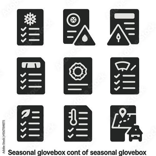 Seasonal Glovebox Icons. Solid, filled icons set of seasonal glovebox content: winter checklist, summer tire