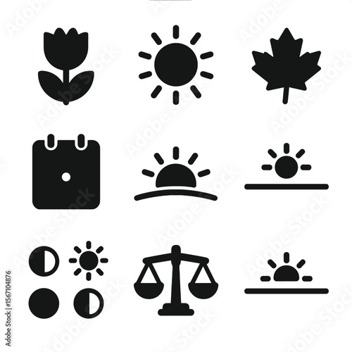 Seasonal Icons Grid. Solid, filled icons set of equinoxes and solstices: spring icon, summer sun, autumn leaf,