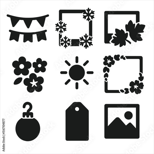 Seasonal Icons Grid. Solid, filled icons set of seasonal photo decor: holiday garland, snowflake frame, autumn