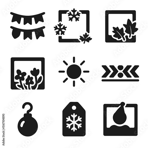 Seasonal Icons Grid. Solid, filled icons set of seasonal photo decor: holiday garland, snowflake frame, autumn