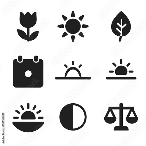 Seasonal Icons Grid. Solid, filled icons set of equinoxes and solstices: spring icon, summer sun, autumn leaf,