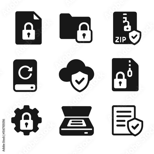 Secure File Icons. Solid, filled icons set of secure file management: file encryption, lock folder, secure