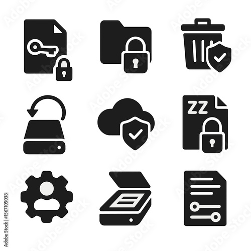 Secure File Icons. Solid, filled icons set of secure file management: file encryption, lock folder, secure