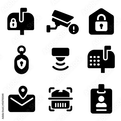 Secure Mail Icons. Solid, filled icons set of secure mail reception: locked mailbox, camera alert, secure