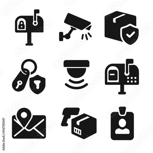 Secure Mail Icons. Solid, filled icons set of secure mail reception: locked mailbox, camera alert, secure