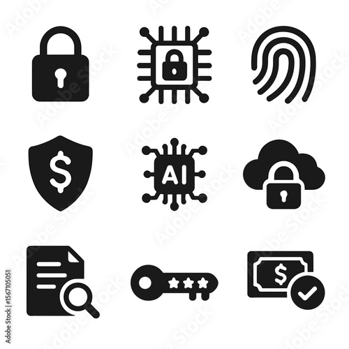 Secure Financial Icons. Solid, filled icons set of secure financial AI systems: lock icon, data encryption,
