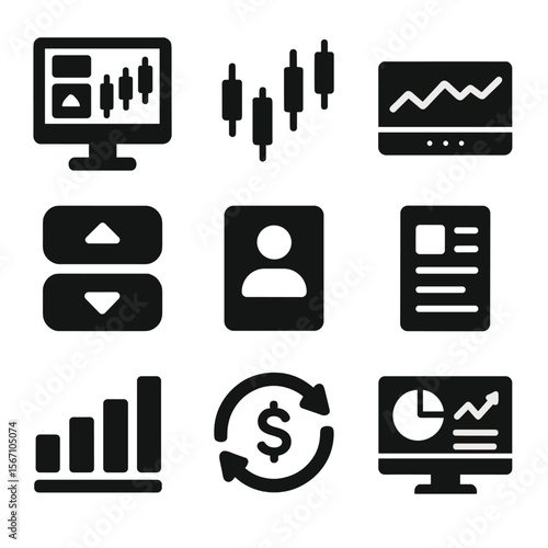 Securities Trading Icons. Solid, filled icons set of securities trading platforms: trading screen, candlestick
