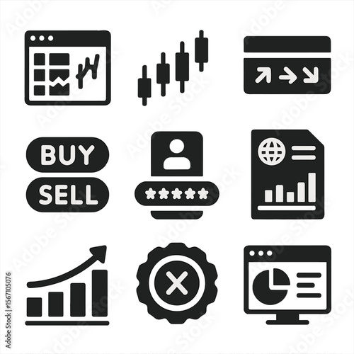 Securities Trading Icons. Solid, filled icons set of securities trading platforms: trading screen, candlestick