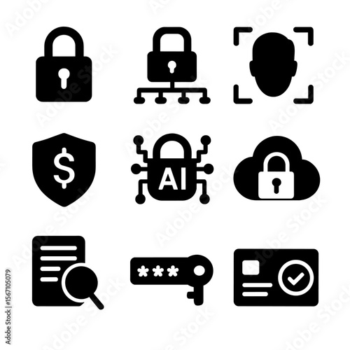 Secure Financial Icons. Solid, filled icons set of secure financial AI systems: lock icon, data encryption,