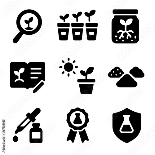 Seed Experiment Icons. Solid, filled icons set of seed experiments in classrooms: magnifying glass, labeled