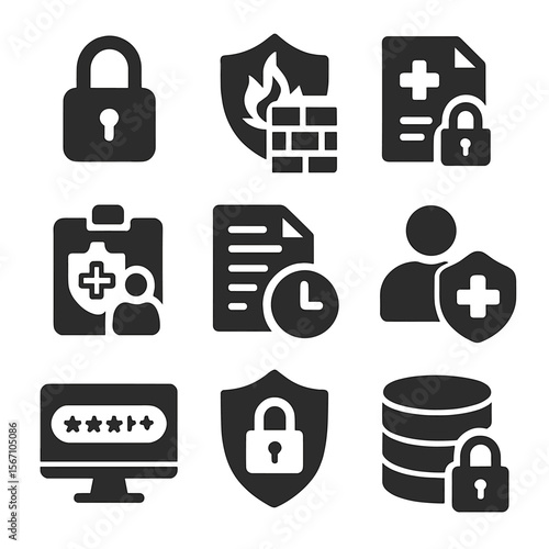 Secure Medical Icons. Solid, filled icons set of secure medical data systems: padlock icon, firewall shield,