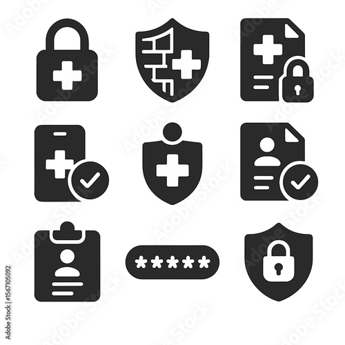 Secure Medical Icons. Solid, filled icons set of secure medical data systems: padlock icon, firewall shield,