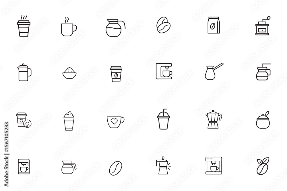 Coffee line icon set, vector outline symbols of cafe drinks, espresso machine, coffee maker, cup, and bean for menu and web design Coffee line icon set, vector outline symbols of cafe drinks, espresso machine, coffee maker, cup, and bean for menu and web design