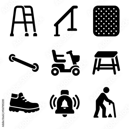 Senior Safety Essentials. Solid, filled icons set of mobility and safety for seniors: walker, handrail,