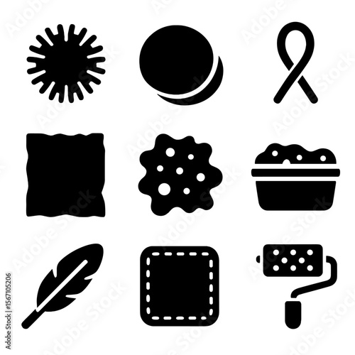 Sensory Art Icons. Solid, filled icons set of sensory and textured art: pom-pom ball, cotton pad, yarn loop,