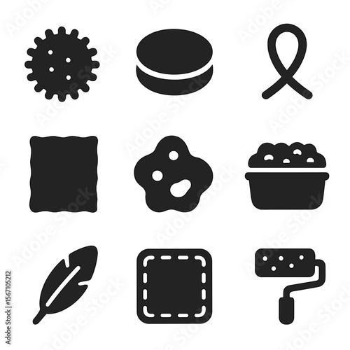 Sensory Art Icons. Solid, filled icons set of sensory and textured art: pom-pom ball, cotton pad, yarn loop,