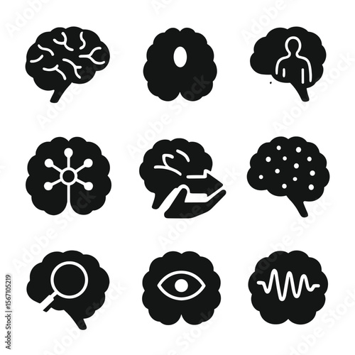 Sensory Brain Icons. Solid, filled icons set of sensory processing in brain: cerebral cortex, thalamus,