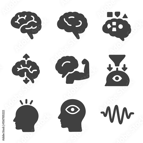 Sensory Brain Icons. Solid, filled icons set of sensory processing in brain: cerebral cortex, thalamus,